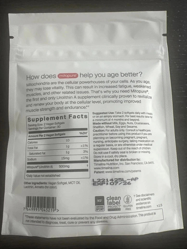 Time-Line Longevity Supplement Mitopure Urolithin A 60 Softgels